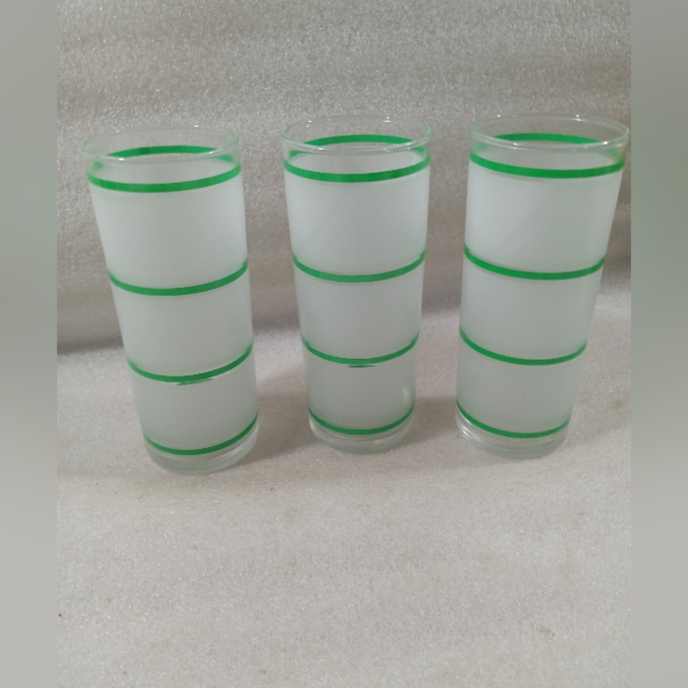 3 Pc Vintage MCM Libbey Tom Collins Highball Green Frosted Striped Glasses